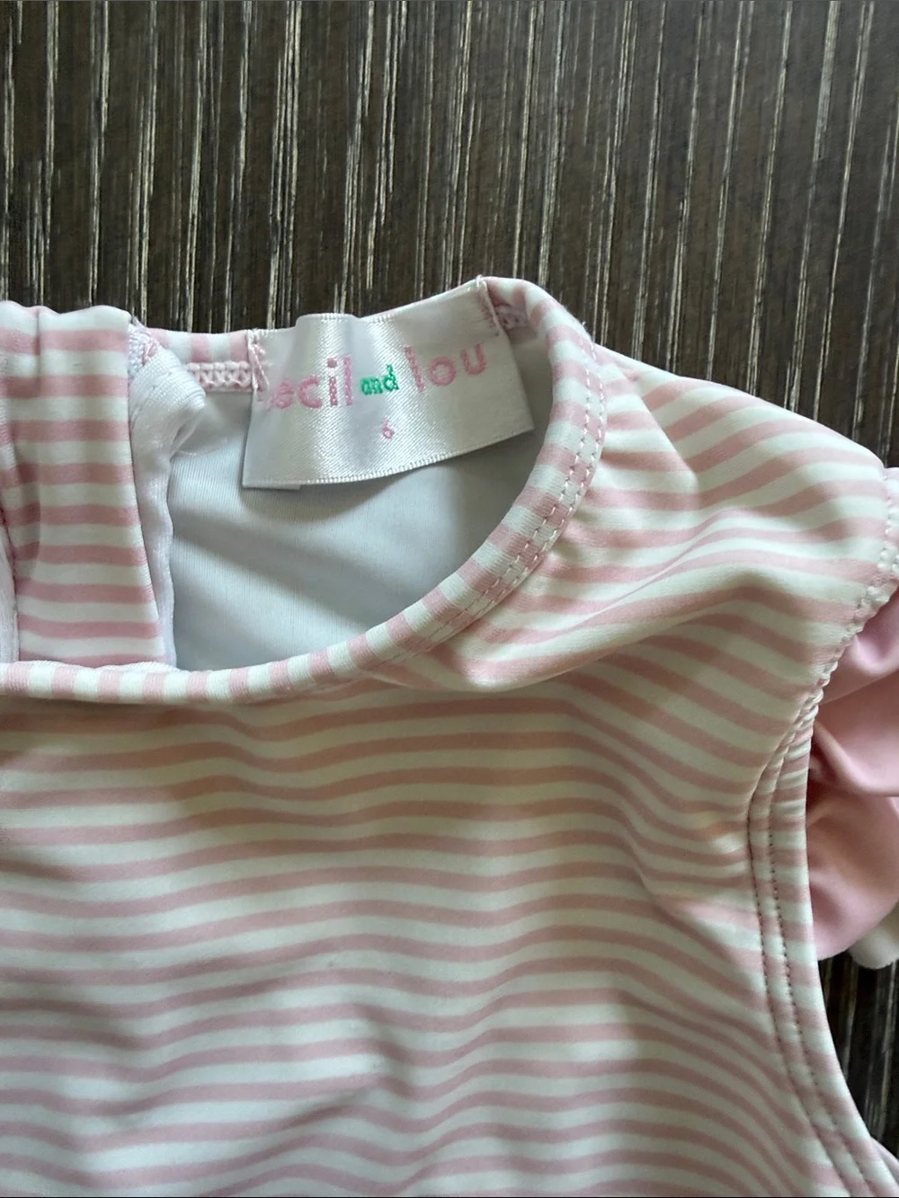 Used Size 6 Cecil and Lou Pink Stripe Ruffle One-Piece Swimsuit